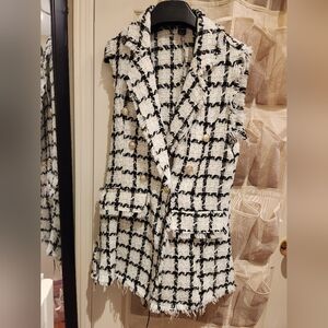 SHEIN Black and White Plaid Frayed Blazer